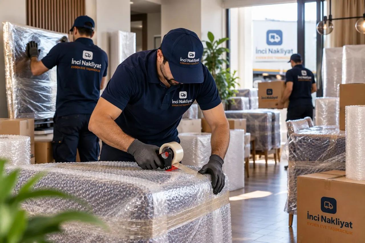 Ambalajlı taşımacılıkta mobilyanın balonlu naylon ve koli bandıyla paketlenmesi