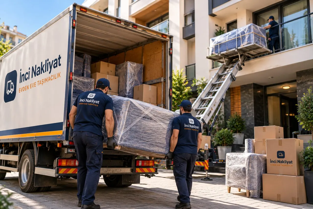 Asansörlü nakliyatta mobil asansör balkona sarılı mobilya çıkarırken iki kişilik ekip kamyona eşya yüklüyor