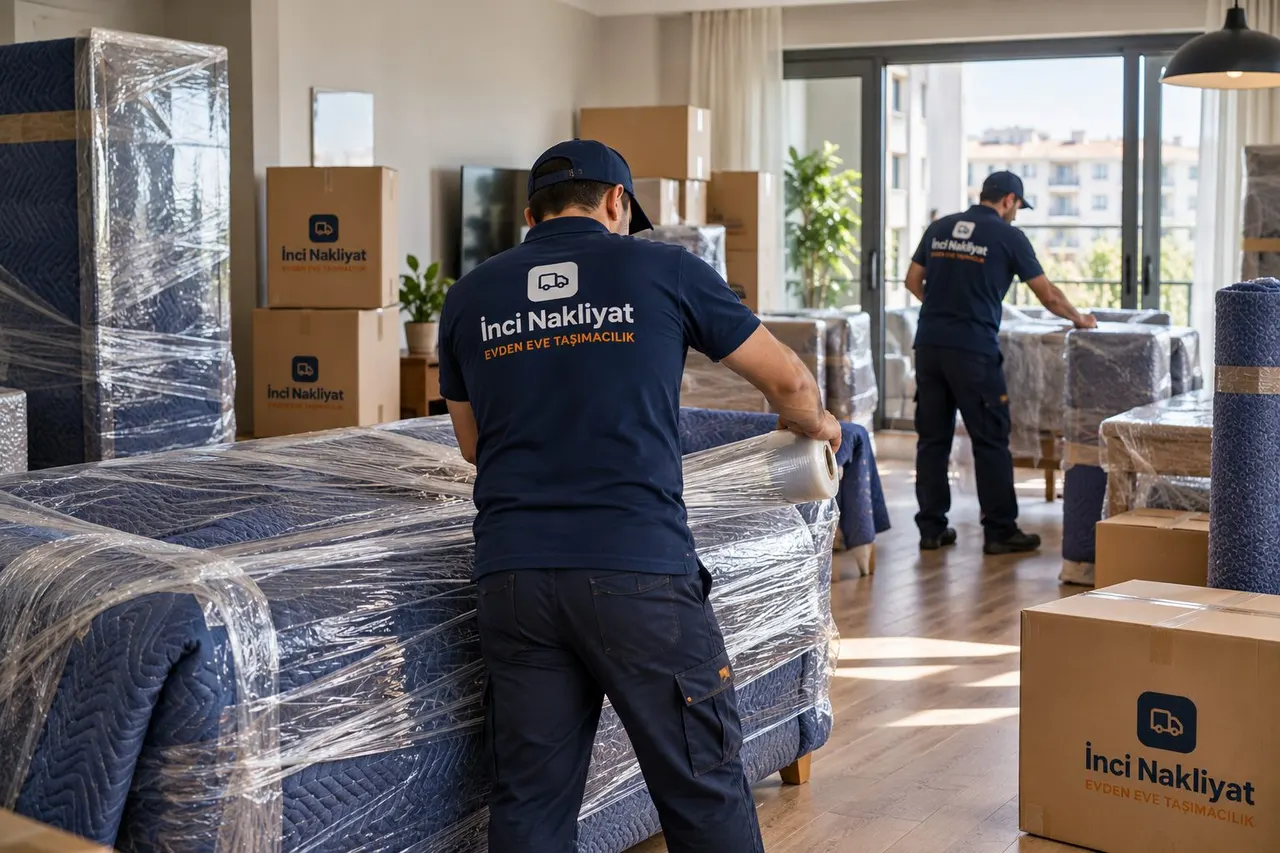 Taşınma günü salonda mobilya ve eşyaların koruyucu örtü ve streçle paketlenmesi