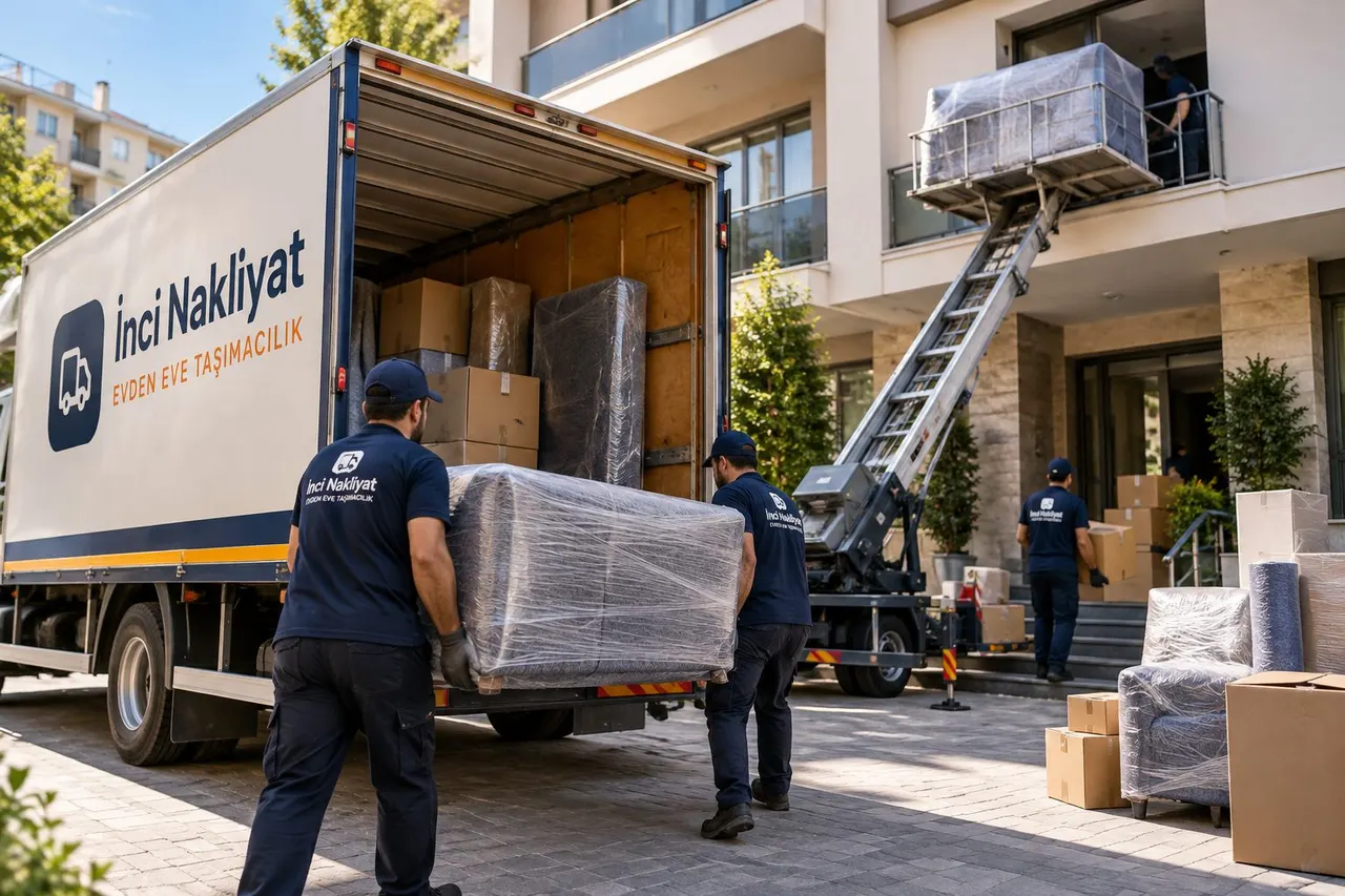 Karaman'da evden eve nakliyat sırasında ekip sarılı koltuğu kamyona taşırken, arkada mobil asansör balkona eşya çıkarıyor